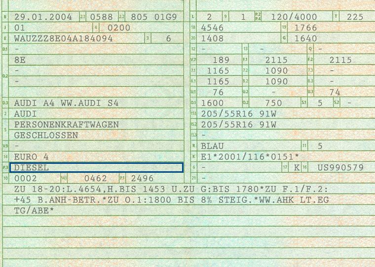 Fahrzeugschein Kraftstoff/Türen